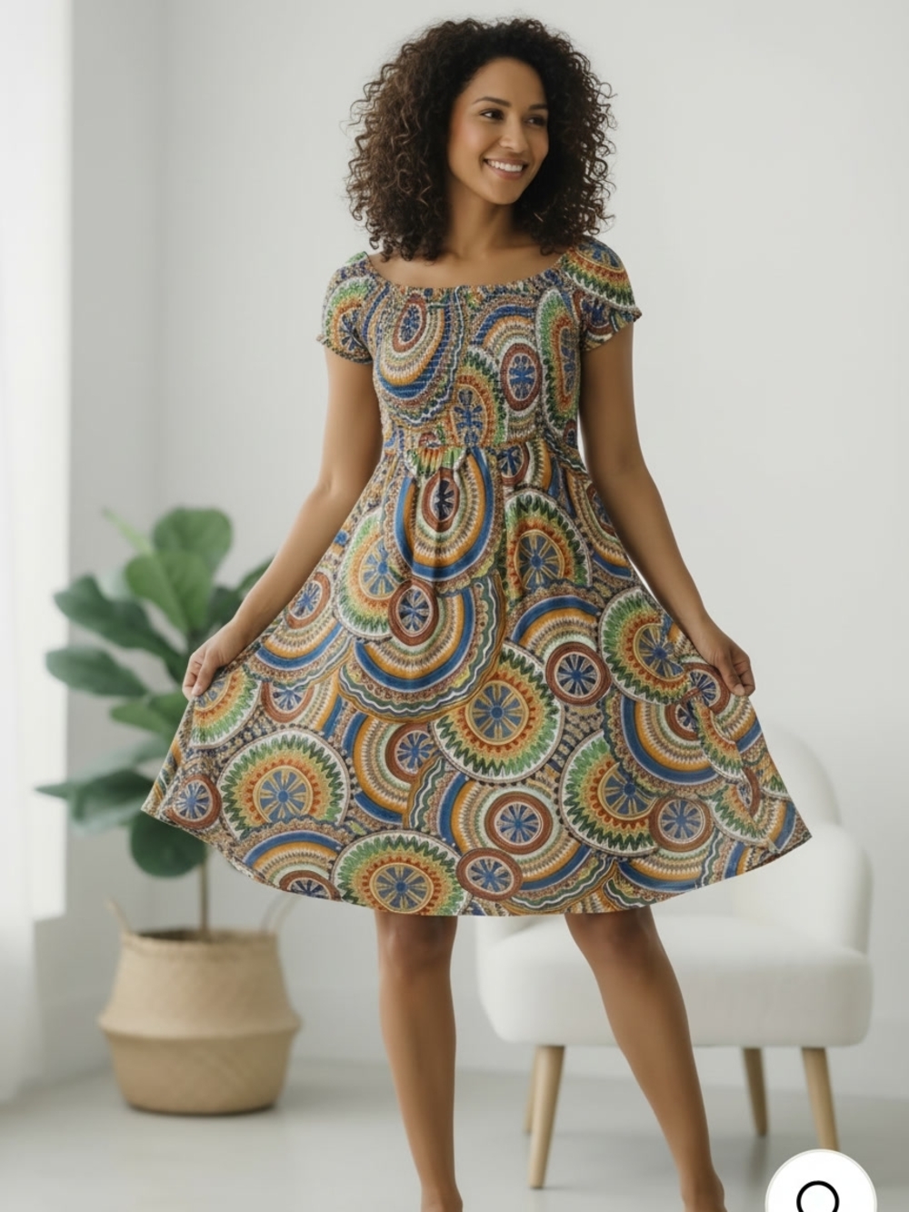 Urban Stitch Tees Smocked Square-Neck Midi Dress in Multi Color - Picture 2 of 6
